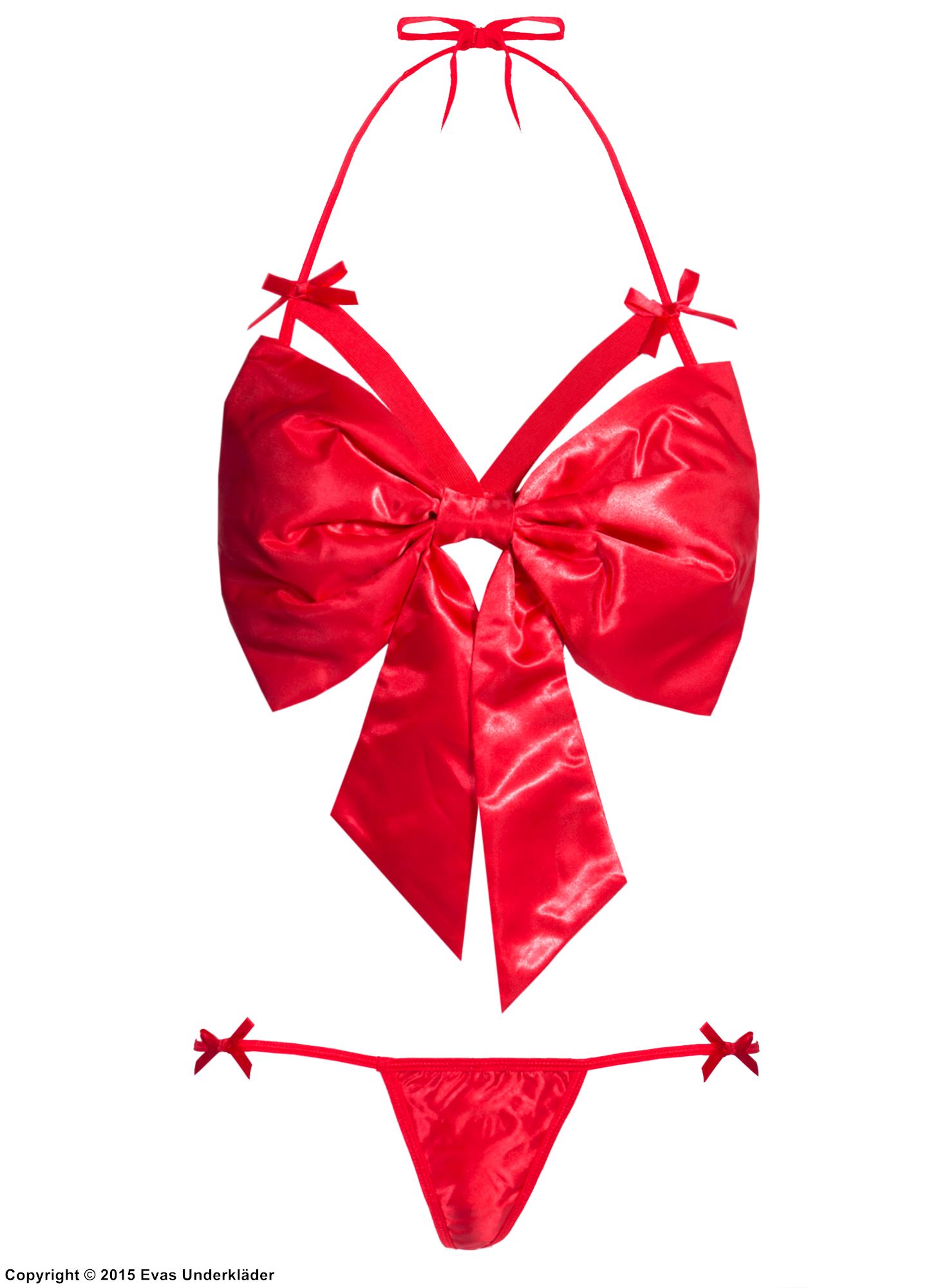 Playful lingerie set, satin, big bow, straps over bust